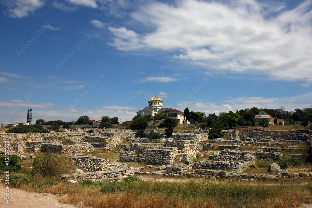 stone ruins of ancient Greek city of Chersonesos in Crimea