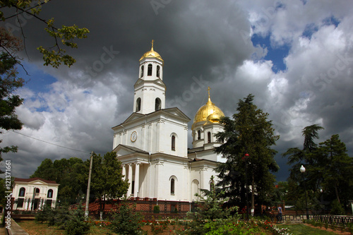 beautiful landscape with russian orthodox church in classical st