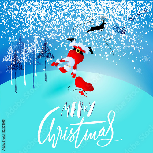 Santa Claus fall from sleigh with harness on the reindeer. Vector illustration. Chtistmas lettering. EPS10