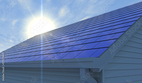 3D illustration of an integrated solar shingle roof. Fictitious solar panels; orange sky, extreme lens flare, and motion blur for dramatic effect.
