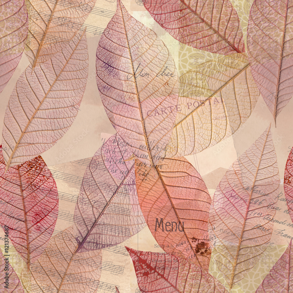 Seamless pattern of purple tinted skeleton leaves on old ephemer Seamless pattern of purple tinted skeleton leaves on old ephemer