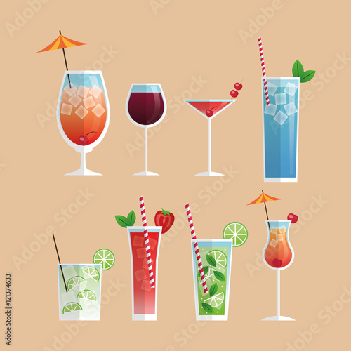 Cocktail icon set. Summer party drinks and beverage theme. Colorful design. Vector illustration