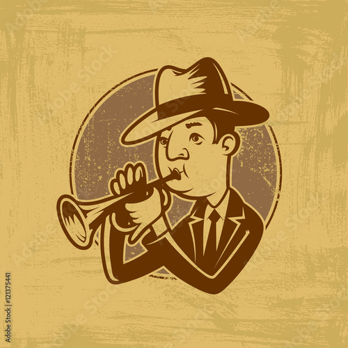 vector emblem with trumpeter in cartoon style