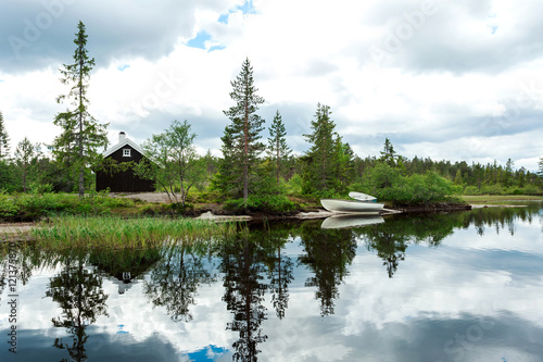 Fototapeta Naklejka Na Ścianę i Meble -  Norway, stunning landscape with mountain lake and sky
