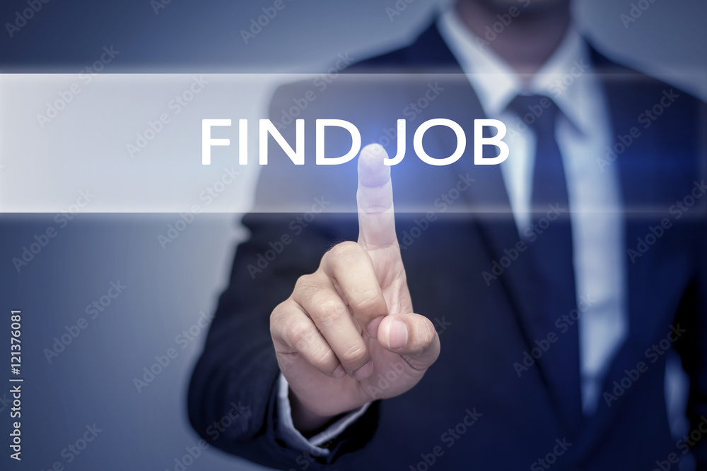 Businessman hand touching FIND JOB button on virtual screen Businessman hand touching FIND JOB button on virtual screen