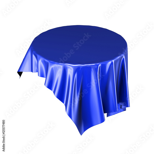 Blue silk or stain tablecloth floating in the air isolated on wh