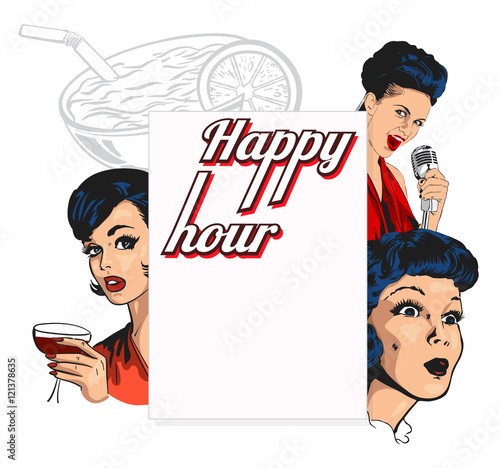 Vector design template for a nightclub with pretty women, singer lady and cocktails, also copy space