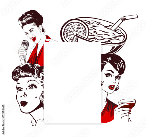 Vector design template for a nightclub with pretty women, singer lady and cocktails, also copy space
