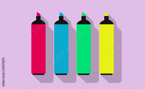 Vector different color markers with long shadow on flat background