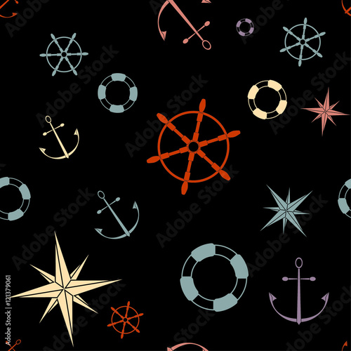 Seamless pattern with anchors stars compasses lifebuoys and wheels photo