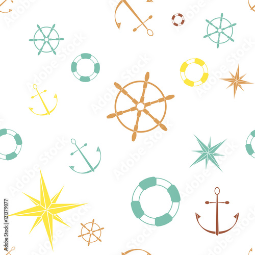 Seamless pattern with anchors stars compasses lifebuoys and wheels