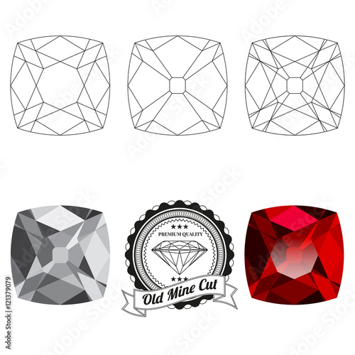 Set of old mine cut jewel views isolated on white background - top view, bottom view, realistic ruby, realistic diamond and badge. Can be used as part of logo, icon, web decor or other design.