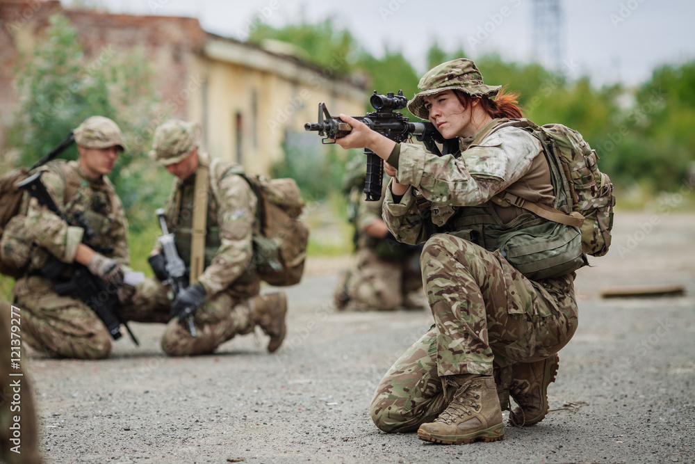 Fototapeta premium Army sniper during the military operation in the city. war, army