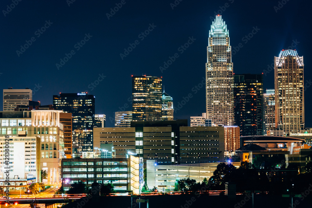 View of the skyline of Uptown at night, in Charlotte, North Caro