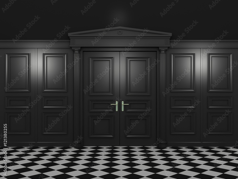 Fototapeta premium Black closed double doors classic style in a dark interior. 3d illustration in high resolution