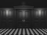 Black closed double doors classic style in a dark interior. 3d illustration in high resolution