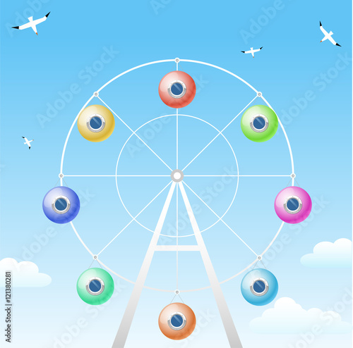 Ferris wheel with cabins in the form of colorful balloons with portholes. The concept of vector graphics