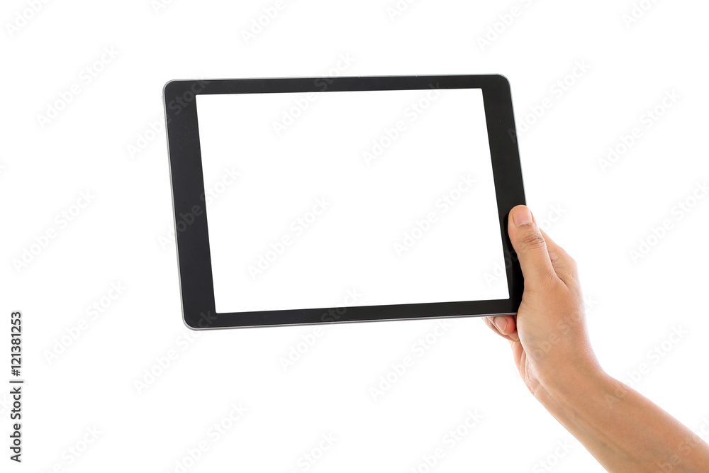 Female hand holding a tablet computer - obrazy, fototapety, plakaty 