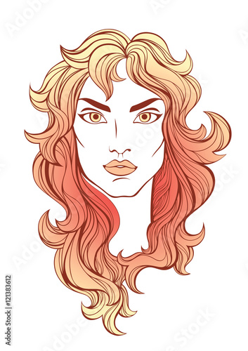 Vector portrait of girl with red coral long hair isolated on white