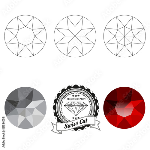 Set of swiss cut jewel views isolated on white background - top view, bottom view, realistic ruby, realistic diamond and badge. Can be used as part of logo, icon, web decor or other design.