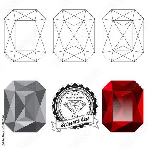 Set of scissors cut jewel views isolated on white background - top view, bottom view, realistic ruby, realistic diamond and badge. Can be used as part of logo, icon, web decor or other design.