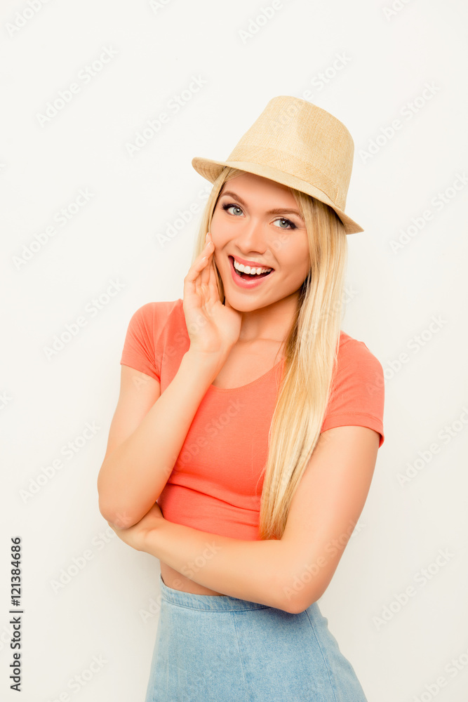 Portrait of beautiful happy cheerful blonde in summer hat Portrait of beautiful happy cheerful blonde in summer hat