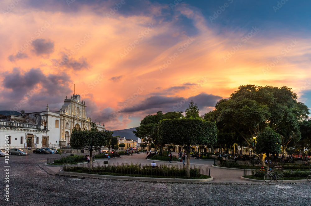 Sunset at Parque Central - Antigua, Guatemala