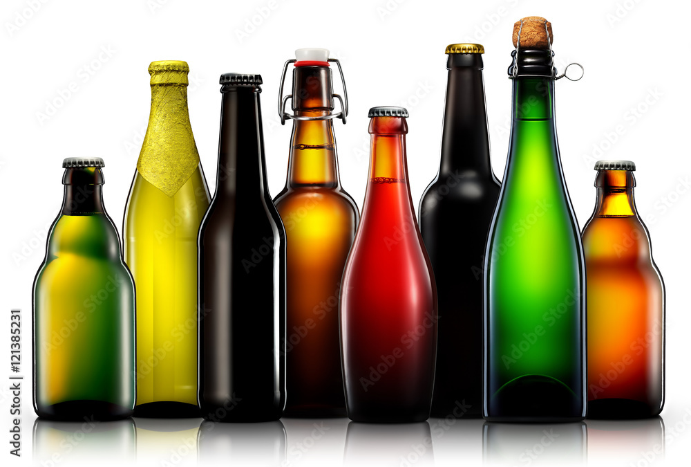 Set of beer bottles with clipping path isolated on black background Set of beer bottles with clipping path isolated on black background