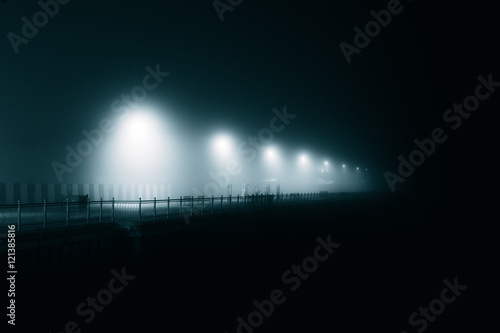 atmospheric lampposts in the fog on the waterfront /

