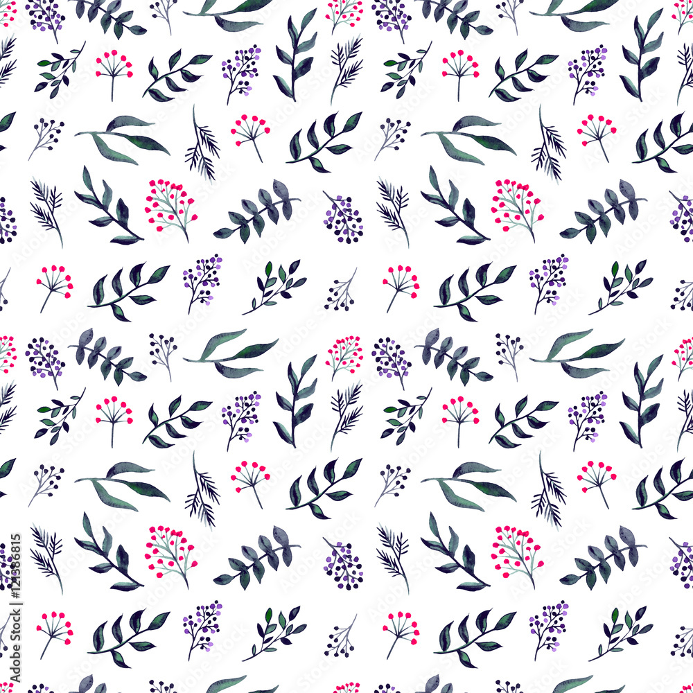 Fototapeta premium Watercolor Seamless Texture With Dark Foliage, Black and Red Berries