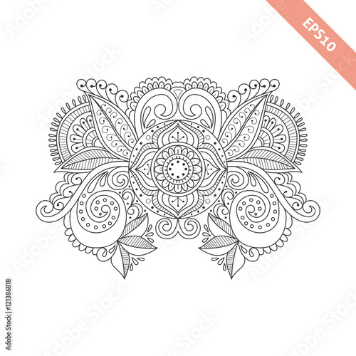 Hand drawn  floral background  in doodle or henna mehndi  style. Black line vector design for cover,  bag, knapsack, notebook, datebook . Coloring book page.