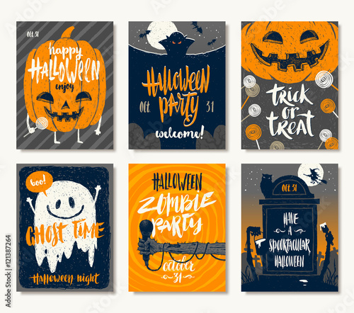 Vector set of Halloween holidays hand drawn invitation or greeting card with handwritten calligraphy greetings, words and phrases.