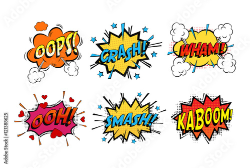 Onomatopoeia comics sounds in clouds for emotions