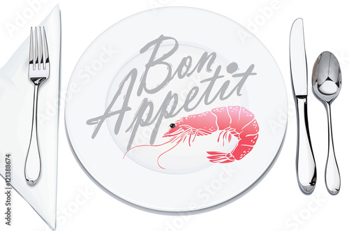 serving plates and cutlery, decorated with shrimp and inscription bon appetit