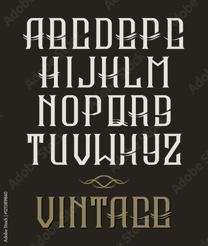 Hand drawn vector vintage typeface. Old style font on dark background