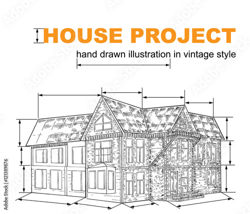 Hand drawn house with technical arrows. Vector illustration project