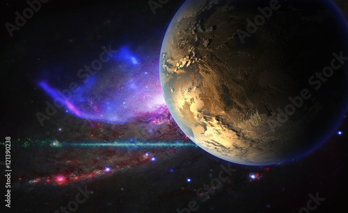 Fototapeta Naklejka Na Ścianę i Meble -  Exoplanet on the background of galactic nebula. Artwork.  Elements of this image are furnished by NASA