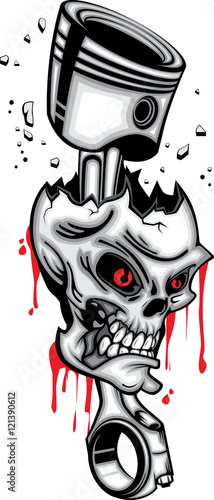 Skull head piston wrecked red eye 3d vector with blood on white background