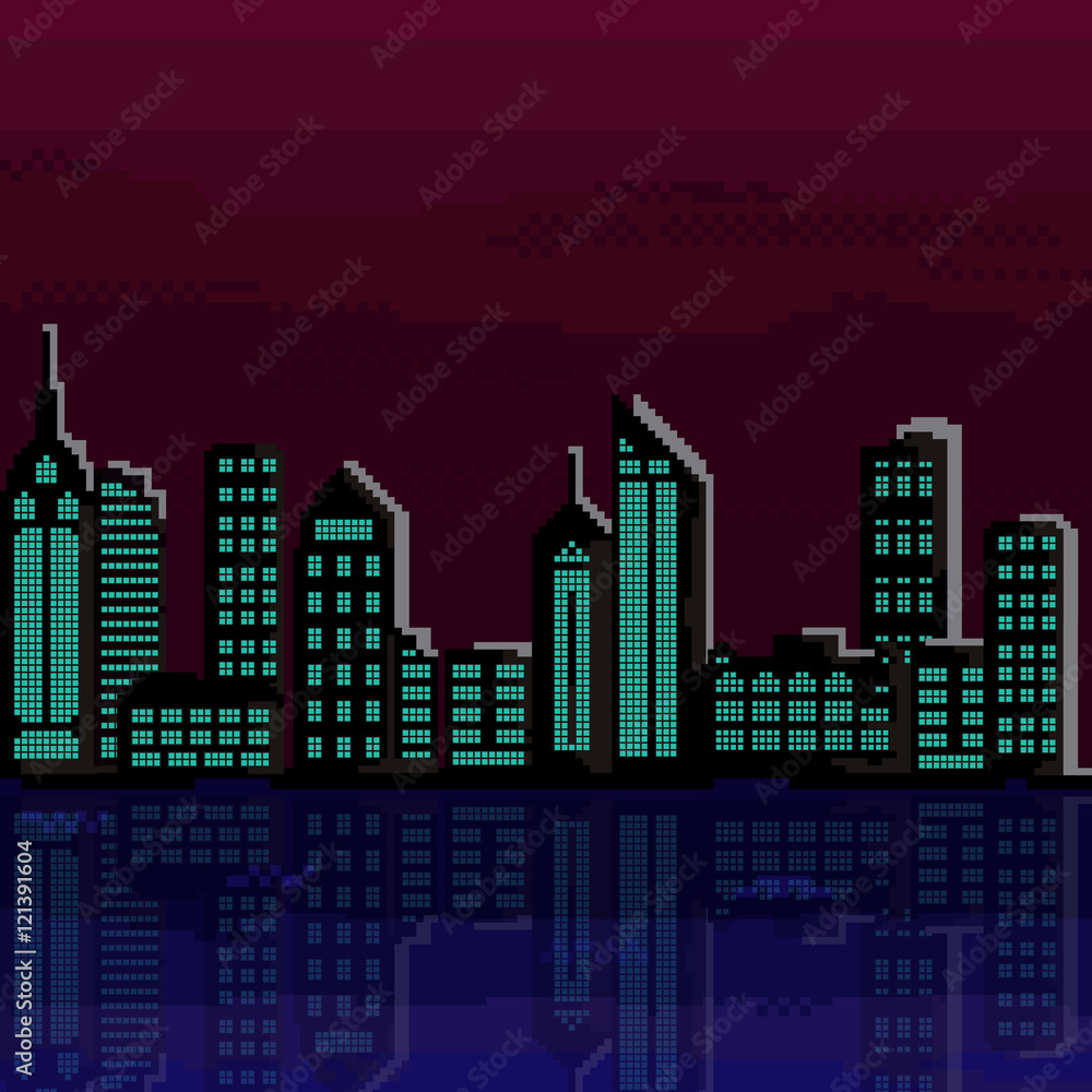 Illustration of pixel city. Vector of pixel art city .