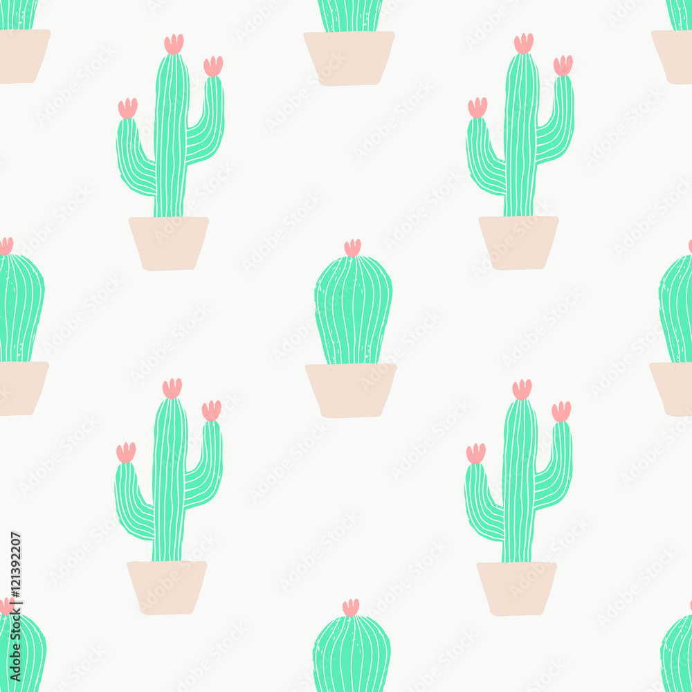 Fototapeta premium Seamless pattern with cactus and flowers in green and pink on cream background.