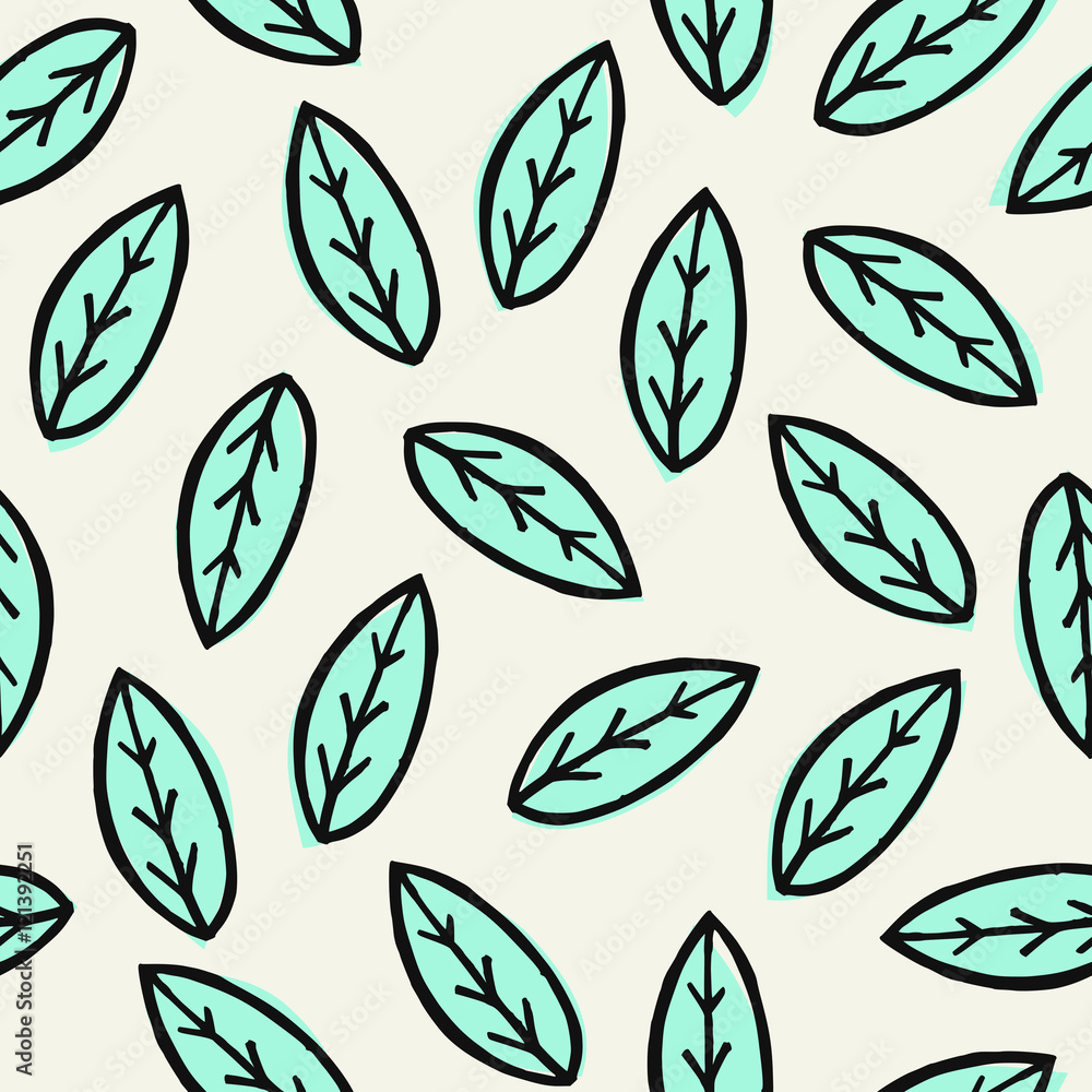 Seamless pattern with hand drawn leaves in black and green on cream background. Seamless pattern with hand drawn leaves in black and green on cream background.