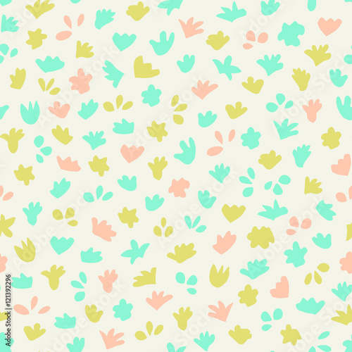 Floral seamless pattern in green, blue and pink on cream background.
