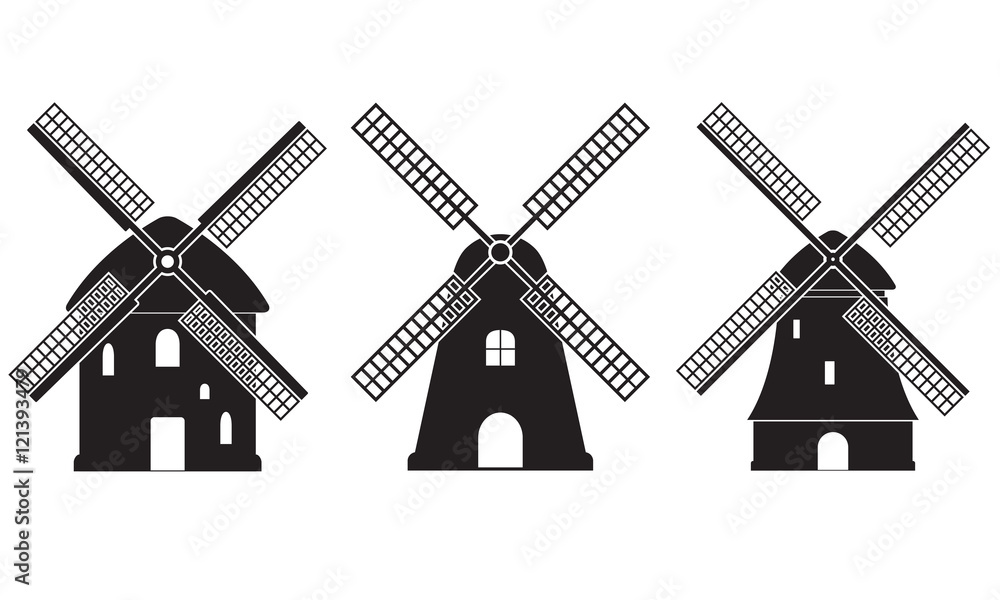 Windmill icon set isolated on white background. Mill symbol. Vector illustration.