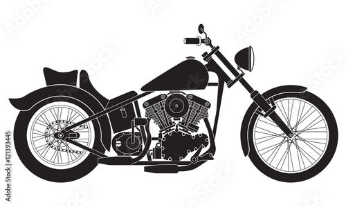 Motorcycle icon or sign. Black detailed silhouette of bike isolated on white background. Vector illustration.