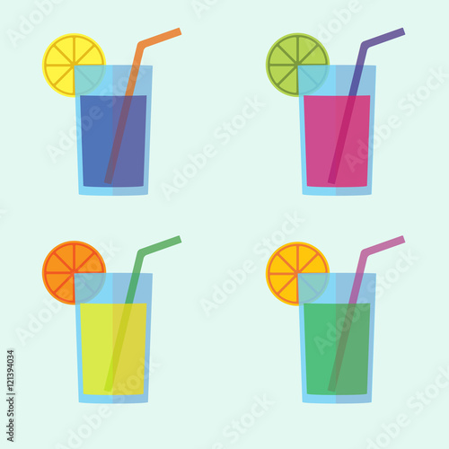 Cocktail icon set in flat design. Colorful glass collection with lemon and straw. Vector illustration.