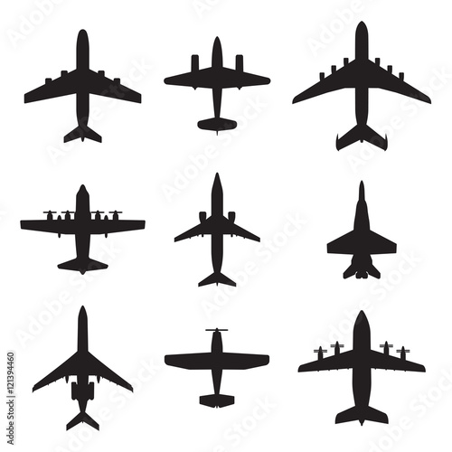 Airplane icons set isolated on white background. Vector silhouettes of passenger aircraft, fighter plane and screw.
