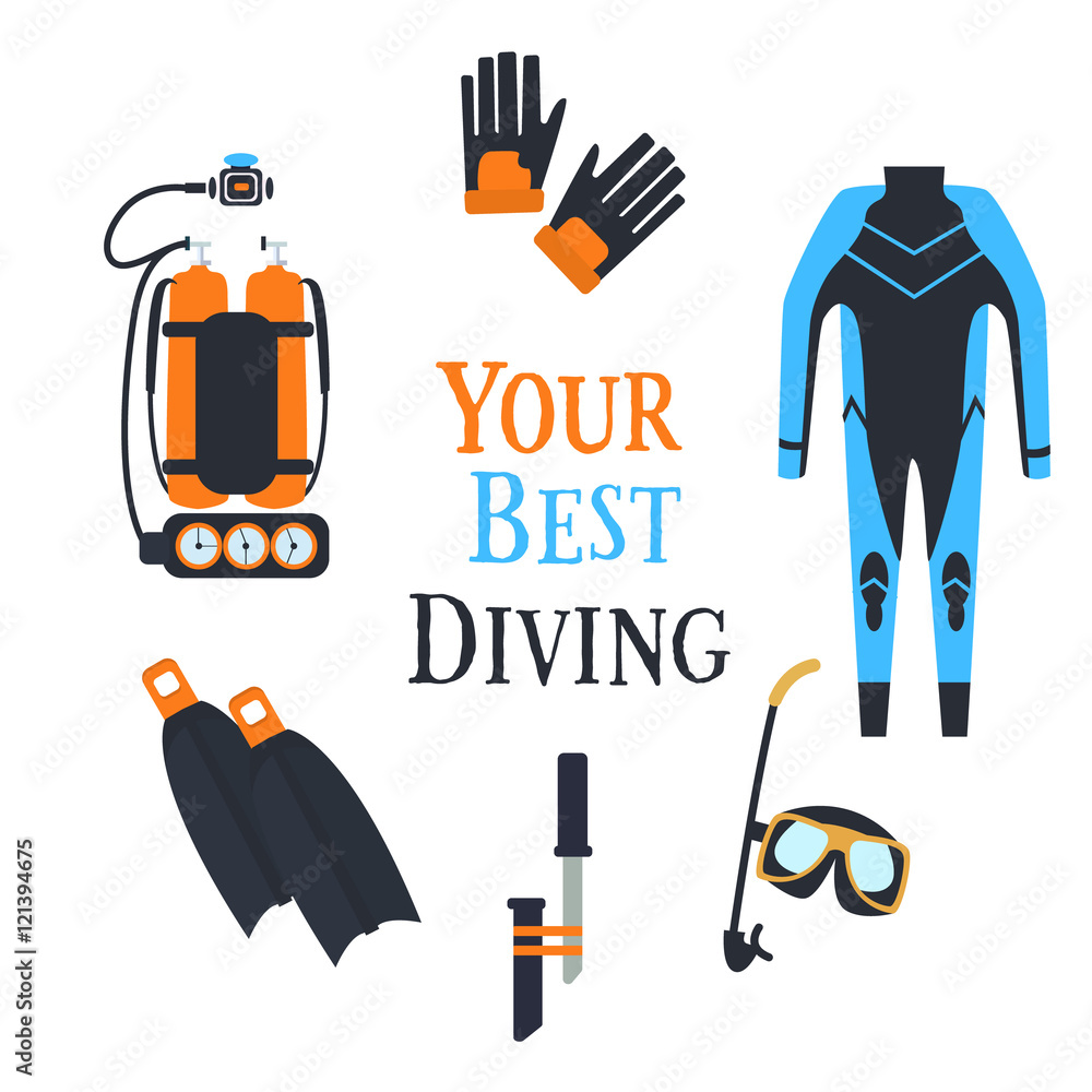 Great tool set for scuba diving and spearfishing. Vector Stock