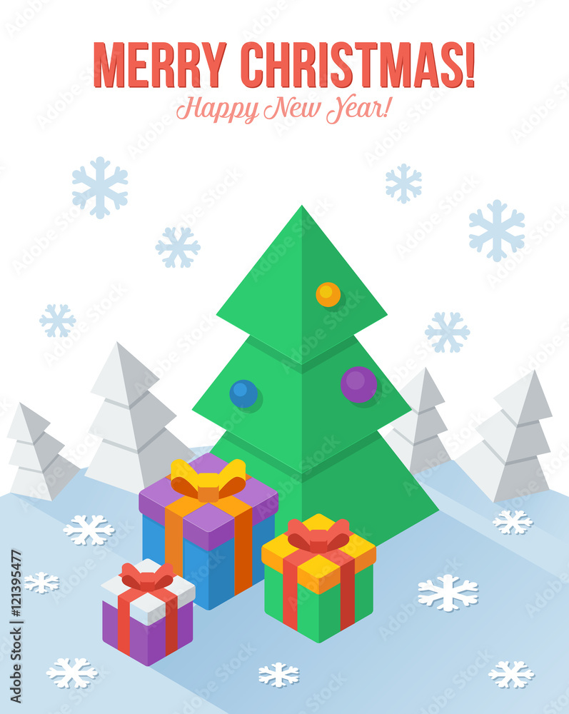 Vector axonometric Christmas greeting card in flat style