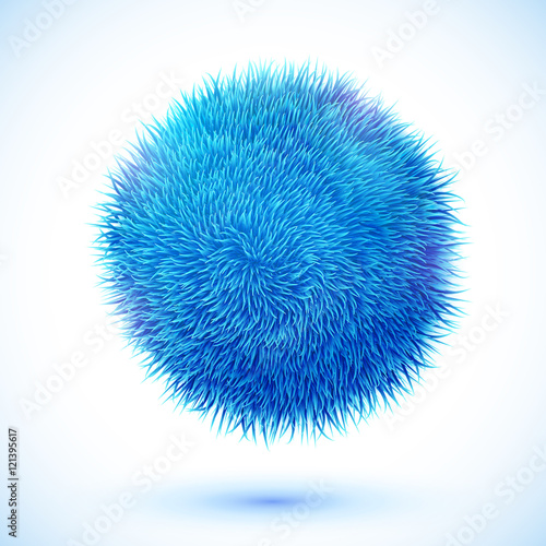 Blue fluffy fur vector realistic ball with shadow