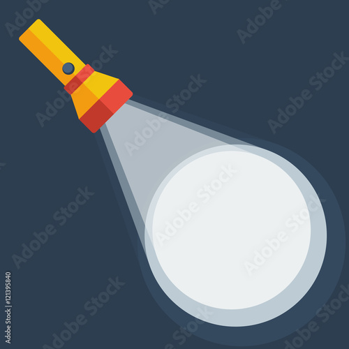 Yellow flashlight in vector flat style on dark background